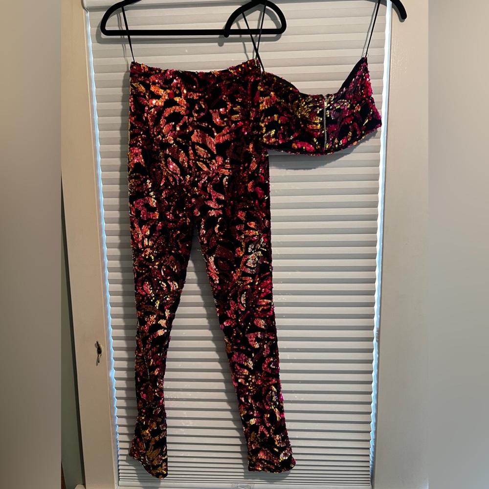 Floral pattern sequin two piece skinny pants and tube top